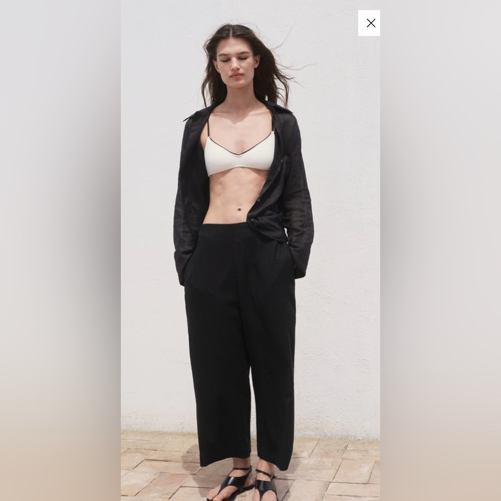 Mango Linen-blend Cropped Black Wide Leg Women's Pants